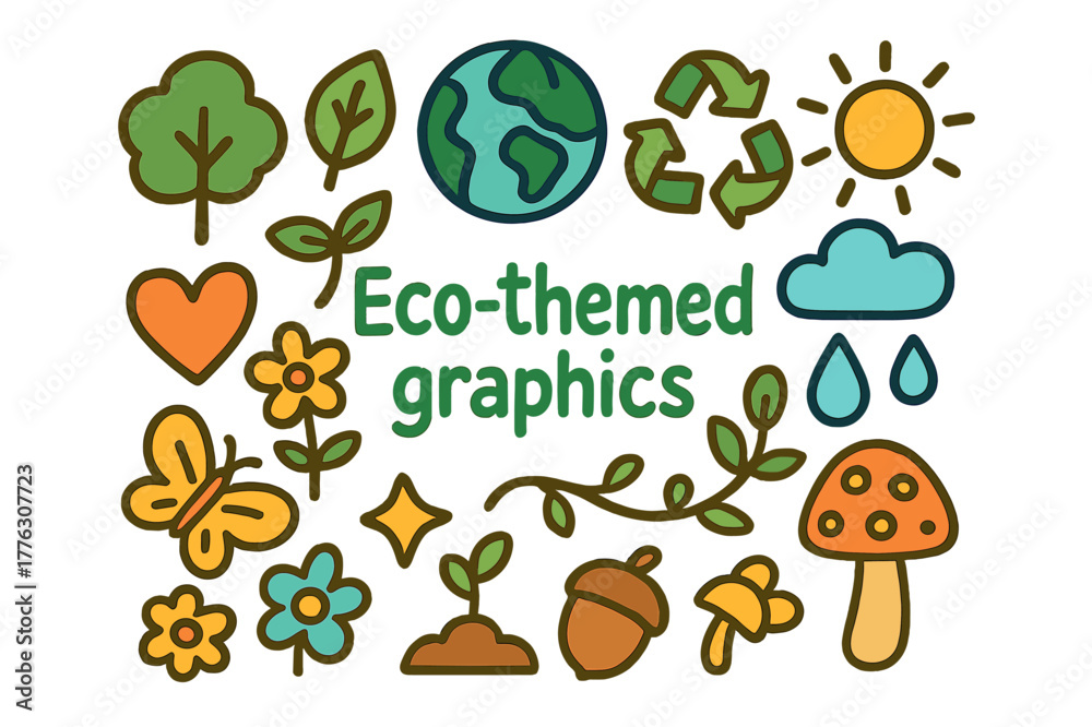 Fototapeta premium Eco-Themed Doodle Art. Eco-themed graphics. Hand-drawn doodle illustration of eco-themed graphics. Tree, leaf,