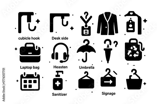 Office Hook Icons. Office coat and bag hooks. Solid icons set of Office coat and bag hooks: cubicle hook, desk side hook, conference badge lanyard, blazer,