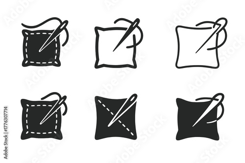 Sewing Logo Variations. Sewing pillowcase. Set Logo of Sewing pillowcase: needle stitching along edge. harmonious logo variations of the same emblematic