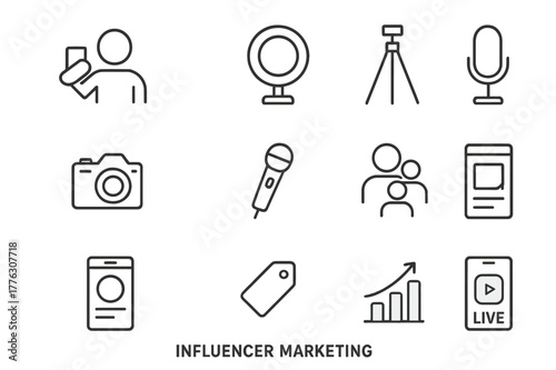 Influencer Marketing Icons. Influencer marketing visuals. Line icon set of influencer marketing: selfie, ring light, tripod, camera, microphone, followers,