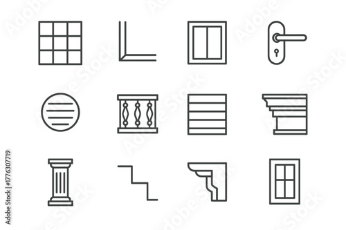 Architectural Icon Grid. Architectural Details. Line icon set of Architectural Details: facade texture, corner trim, window frame, door handle, vent cover,
