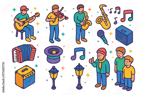 Street Musician Icons. Street musician playing instrument. Colorful isometric vector icons set of street musician playing instrument: guitar, violin,