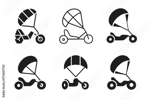 Kite Buggy Logos. Kite buggy. Set Logo of Kite buggy: traction kite towing sand buggy. harmonious logo variations of the same emblematic concept, each with