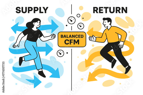 Balanced Airflow Dynamics. Supply & Return Balance. A split scene shows blue supply streams and warm return currents looping in harmony. A floating tag reads