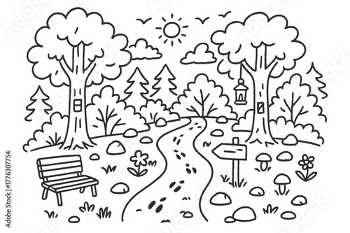 Forest Trail Doodles. Trail in Forest. Hand-drawn doodle illustration Trail in Forest forest trail, trees, bushes, rocks, mushrooms, flowers, signpost,