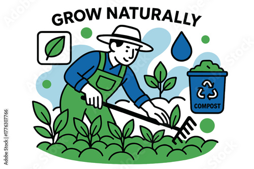 Sustainable Farming Iconography. Organic farming and eco-friendly practices. A farmer tending to lush green