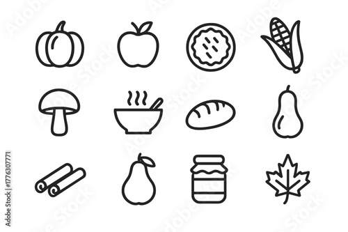 Autumn Food Icons. Autumn food. Line outline icon set of autumn food: pumpkin, apple, pie, corn, mushroom,