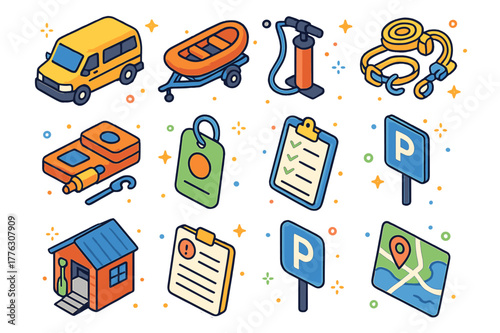 Shuttle Icons Set. Shuttle and logistics. Colorful isometric vector icons set of Shuttle and logistics: shuttle van, raft trailer, high-volume air pump,