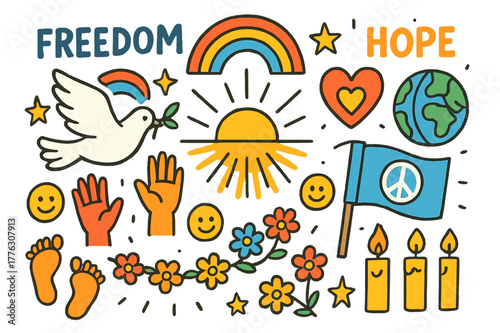 Joyful Freedom Symbols. Freedom and hope. Colorful Hand-drawn doodle Children illustration Freedom and hope flying dove, sunrise, raised hands, rainbow, open