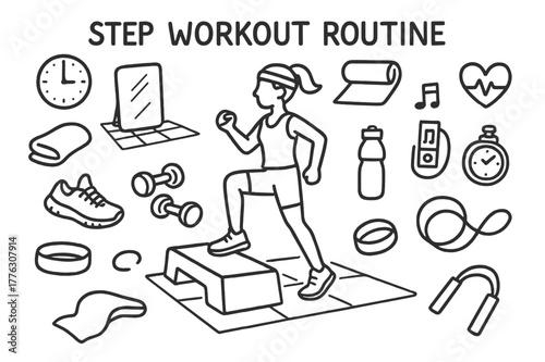 Step Workout Sketch. Step Workout Routine. Hand-drawn doodle illustration Step Workout Routine aerobic step, person exercising, dumbbells, sneakers, towel,