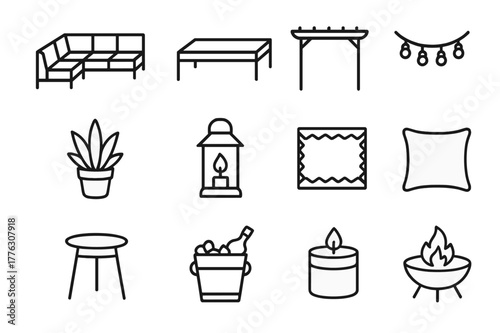Outdoor Lounge Icons. Outdoor Lounge. Line icon set of Outdoor Lounge: sectional sofa, coffee table, pergola, string lights, potted plant, lantern, outdoor