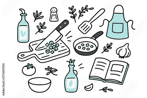Kitchen Prep Doodles. // Kitchen preparation. Hand-drawn doodle illustration kitchen preparation [chopping board (accented), knife, diced vegetables
