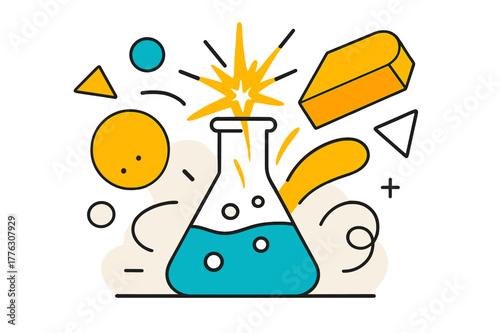 Chemical Reaction Sparks. Catalyst. Spark igniting a chemical reaction with floating abstract geometric shapes and glowing accents, dynamic and transformative