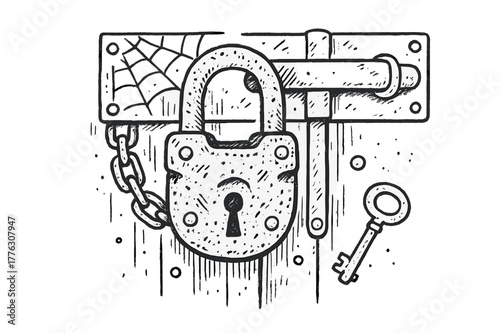 Corroded Padlock Illustration. Corroded Lock. Hand-drawn doodle illustration Corroded Lock padlock, rust, key, chain, latch, hinges, scratches, dust, cobweb,