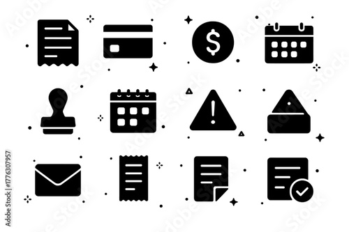 Payment Icons Collection. Payment and Bill Reminders. Solid icons set of Payment and Bill Reminders: invoice, credit card, dollar coin, banknote, due date