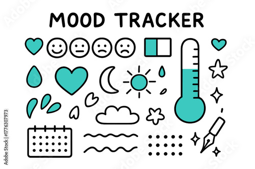 Mood Tracker Doodles. // Mood tracker. Hand-drawn doodle illustration Mood tracker [emoji row (accented), color key swatch (accented), thermometer style chart,