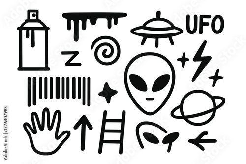 Alien Graffiti Icons. Alien graffiti. Hand-drawn doodle illustration alien graffiti spray can, paint drip, wall, UFO tag, alien head, barcode glyph, spiral,