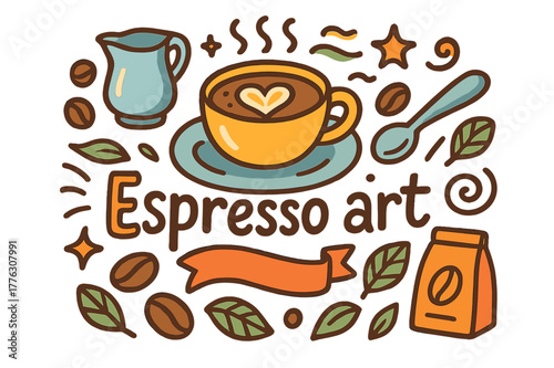 Vibrant Espresso Art. Espresso art. Hand-drawn doodle illustration of espresso art. Espresso cup, heart foam,