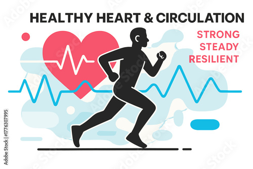 Strong Heartbeat Art. Healthy Heart & Circulation. A stylized heart beats behind a runner silhouette; pulse lines form geometric waves. Floating text reads