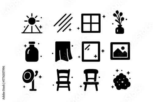 Golden Hour Icons. Golden Hour Window Light. Solid icons set of Golden Hour Window Light: low sun, warm rays, long shadows, window frame, dried flowers, amber