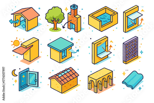 Passive Cooling Icons. Passive cooling strategies. Colorful isometric vector icons set of Passive cooling strategies: cross breeze corridor, stack ventilation