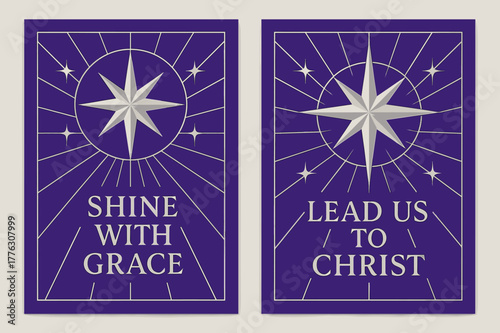 Royal Purple Banners. Morning Star. Two vertical A6 banners with safe margins, centered composition, no elements touching edges, geometric, royal purple and
