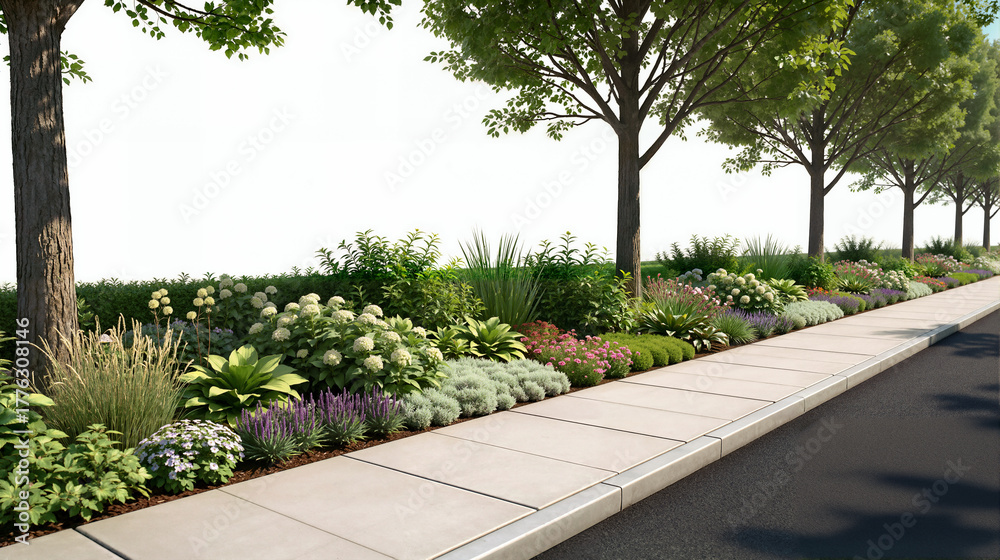 Fototapeta premium 3D render of a road greening asset on a white background, featuring uniform street trees, diverse colorful shrubs in the median, a sidewalk, and an asphalt road.