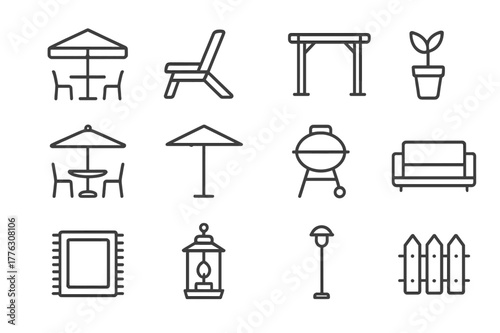 Outdoor Living Icons. Outdoor Living Spaces. Line icon set of Outdoor Living Spaces: patio, deck chair, pergola, potted plant, outdoor table, umbrella, grill,