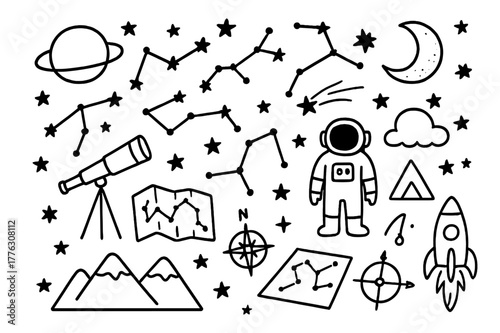 Celestial Objects Doodle. Star constellations. Hand-drawn doodle illustration constellation lines, stars, telescope, moon, planet, night sky, mountain,