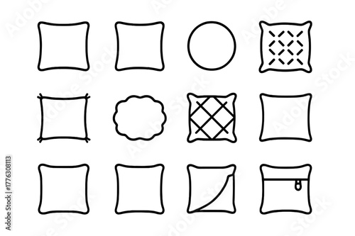 Pillow Icon Collection. Pillow Designs. Line icon set of Pillow Designs: square pillow, rectangle pillow, round pillow, patterned pillow, tassel pillow, fluffy