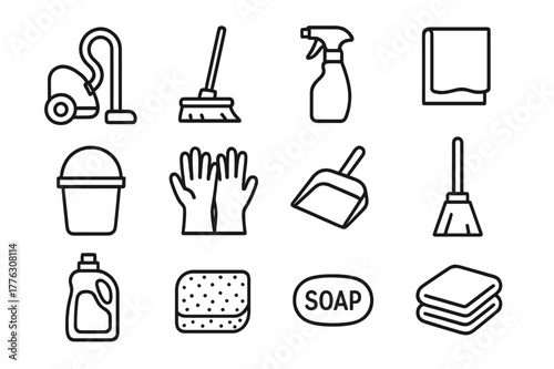 Home Cleaning Icons. Home cleaning. Line icon set of home cleaning: vacuum cleaner, mop, spray bottle, cleaning cloth, bucket, gloves, dustpan,