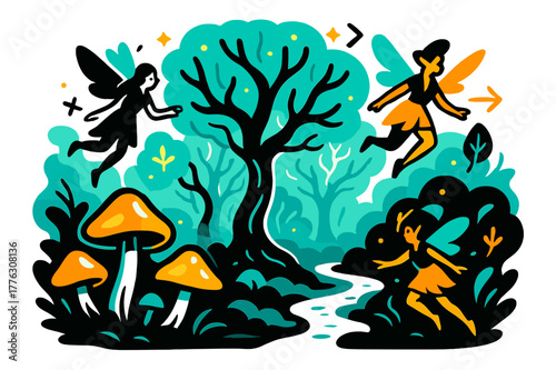 Enchanted Forest Creatures. A mysterious forest inhabited by magical creatures. Glowing trees with twisting