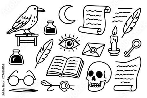 Raven's Writing Desk. Raven and writing. Hand-drawn doodle illustration Raven and writing quill, ink bottle, parchment scroll, open book, candle, feather, key,