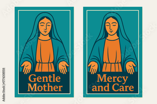 Gentle Mother Banners. Mother of Mercy. Two vertical A6 banners with safe margins, centered composition, no elements touching edges, modern, turquoise and