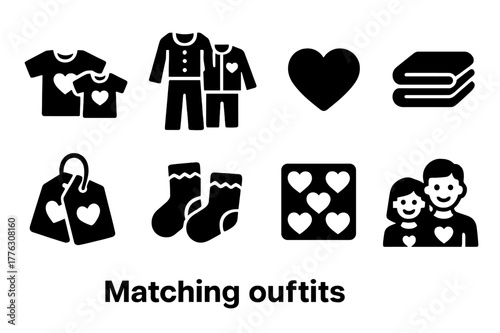 Matching Outfit Icons. Matching outfits. Filled icon set of matching outfits: family t-shirts, pajama set,