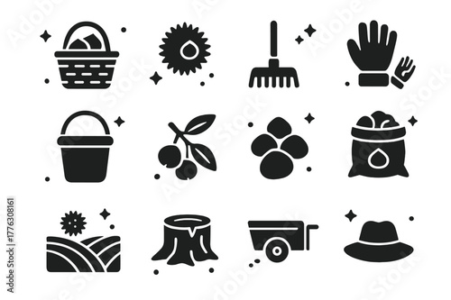 Chestnut Harvest Icons. Chestnut Harvest. Solid icons set of Chestnut Harvest: basket, chestnut burr, rake, gloves, bucket, branch, nuts pile, burlap sack,