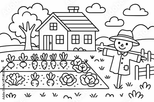 Farmhouse Coloring Page. Country farmhouse garden children?s coloring book illustration, outlined drawing, farmhouse with vegetable garden and scarecrow,