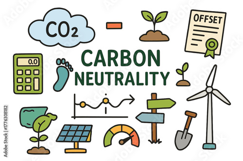 Carbon Neutrality Doodles. Carbon neutrality. Colorful Hand-drawn doodle Children illustration Carbon neutrality CO2 cloud, minus sign, tree sapling, offset