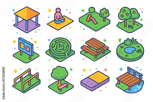 Public Spaces Icons. Public spaces for wellbeing. Colorful isometric vector icons set of Public spaces for wellbeing: shade pavilion, yoga deck, play meadow,