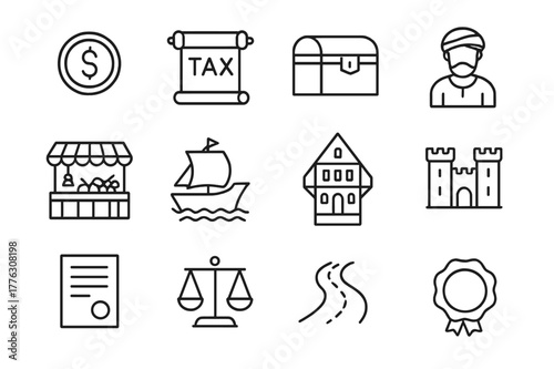 Historical Economics Icons. Economic systems in history. Line icon set of historical economics: coin, tax scroll, chest, merchant, market, ship, guild hall,