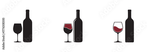 Wine Bottle and Glass Silhouette Icon Set, Red Wine and Black Vector