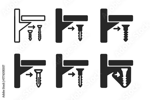 Floating Shelves Logos. Installing floating shelves on a wall. Set Logo of installing floating shelves on a wall: screws and wall plugs assembly. Icon set.