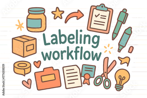Colorful Labeling Doodles. Labeling workflow. Hand-drawn doodle illustration of labeling workflow. Jar, box,