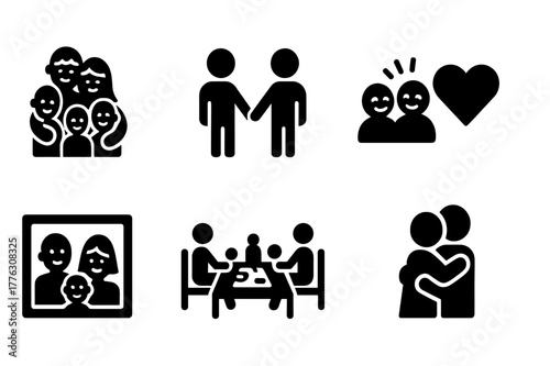Family Bonding Icons. Family bonding. Filled icon set of family bonding: group hug, holding hands, shared