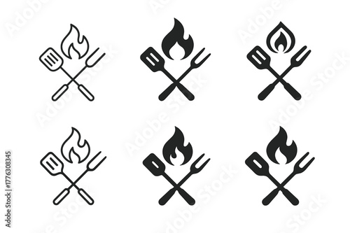 Home Barbecue Icons. Home barbecues and outdoor kitchens. Icon set. Set Logo of home barbecues and outdoor kitchens: chef?s spatula and fork with flame icon.