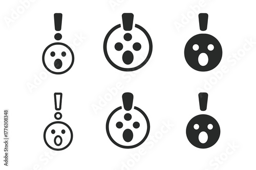 Gasp Face Icons. audience reaction. Set Logo of audience reaction: Gasp face with exclamation mark. Icon set. harmonious logo variations of the same emblematic