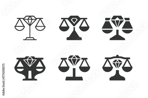 Ethical Jewelry Logos. Ethical jewelry design. Set Logo of Ethical jewelry design: gemstone in balanced scales. harmonious logo variations of the