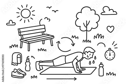 Outdoor Workout Doodles. Outdoor workout. Hand-drawn doodle illustration outdoor workout park bench, grass, tree, push-up pose, mat, water bottle, sun, birds,