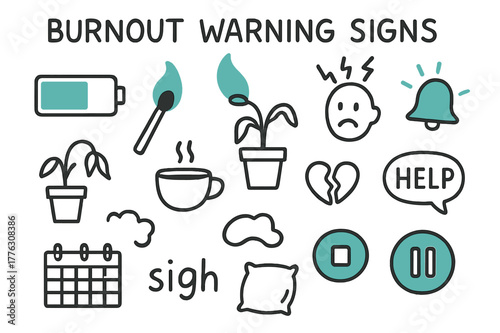 Burnout Warning Icons. // Burnout warning signs. Hand-drawn doodle illustration Burnout warning signs [battery empty (accented), flame-out match (accented),
