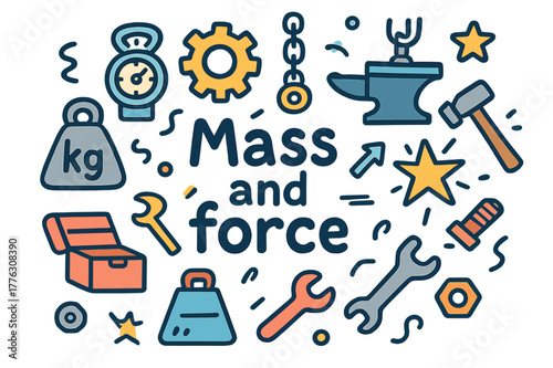Mass and Force Doodles. Mass and force. Hand-drawn doodle illustration of mass and force. Weight, scale, gear,